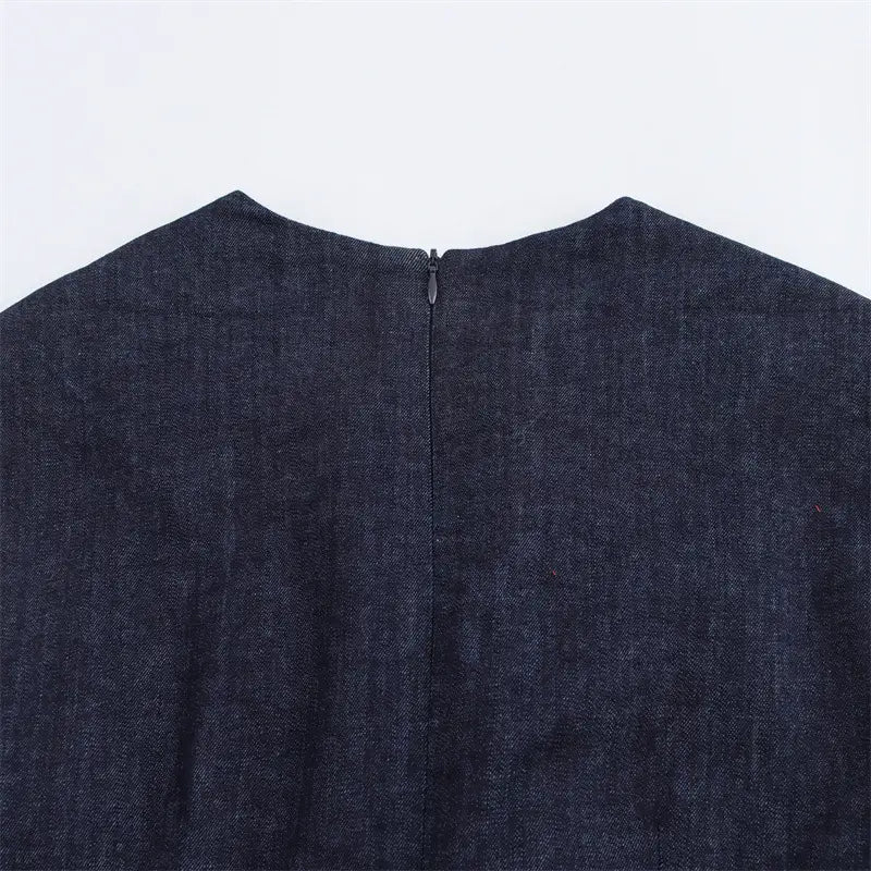 Round Neck Sleeveless Gold Inlaid Back Slit Denim Dress