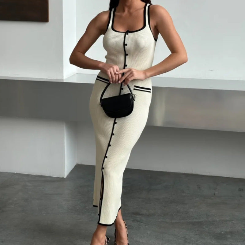 Vest-style Dress Contrast Color Single Row Multi-buckle Slit Long Knitted Dress - Norellé