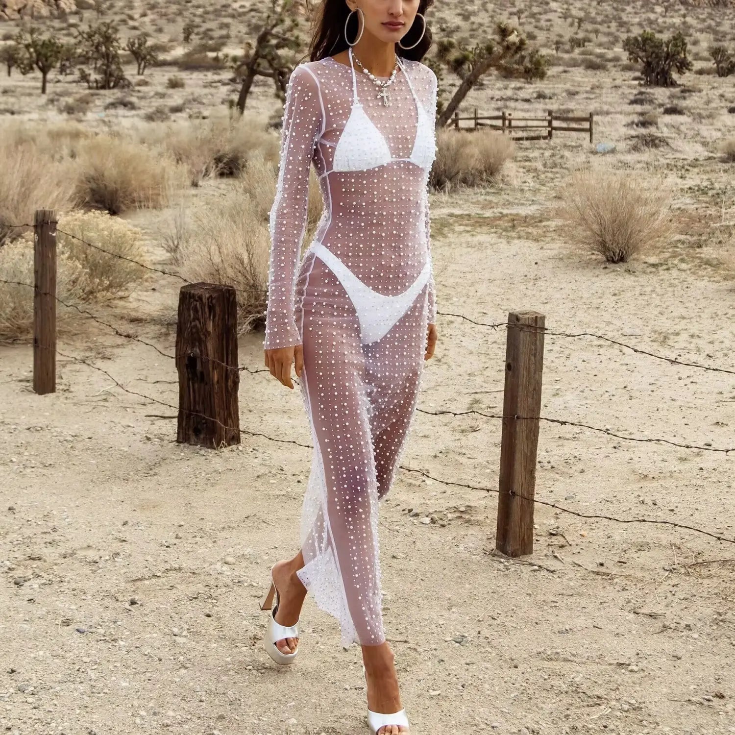 Bead Rhinestone Blouse Mesh Long Sleeve Dress