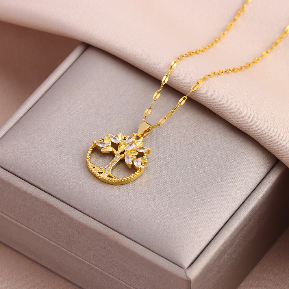 Retro Casual Copper Inlaid Zircon Gold Plated Tree Of Life Pendant - Norellé