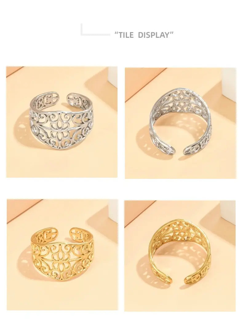 Elegant Retro Style Hollow Pattern Open Stainless Steel Ring For Women