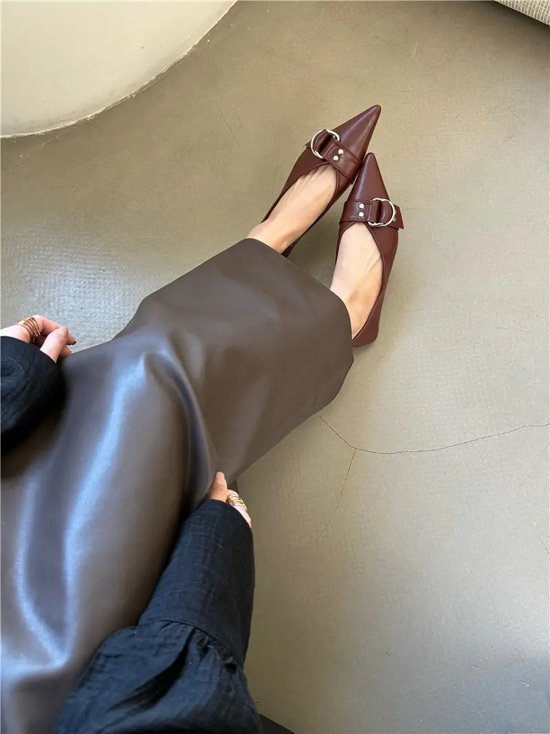 Metal Belt Buckle French Pointed Flat Bottom Pumps