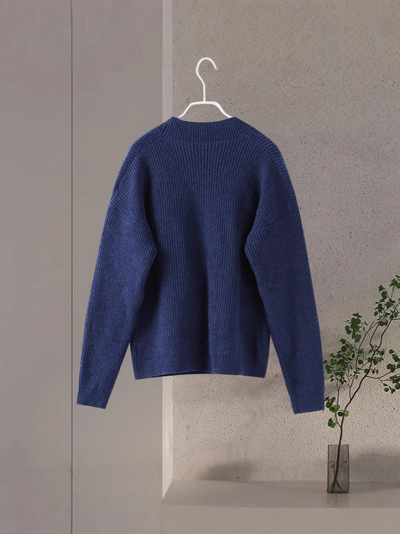 Dark Blue Irregular V-neck Fitted Waist Sweater Knitwear - Norellé