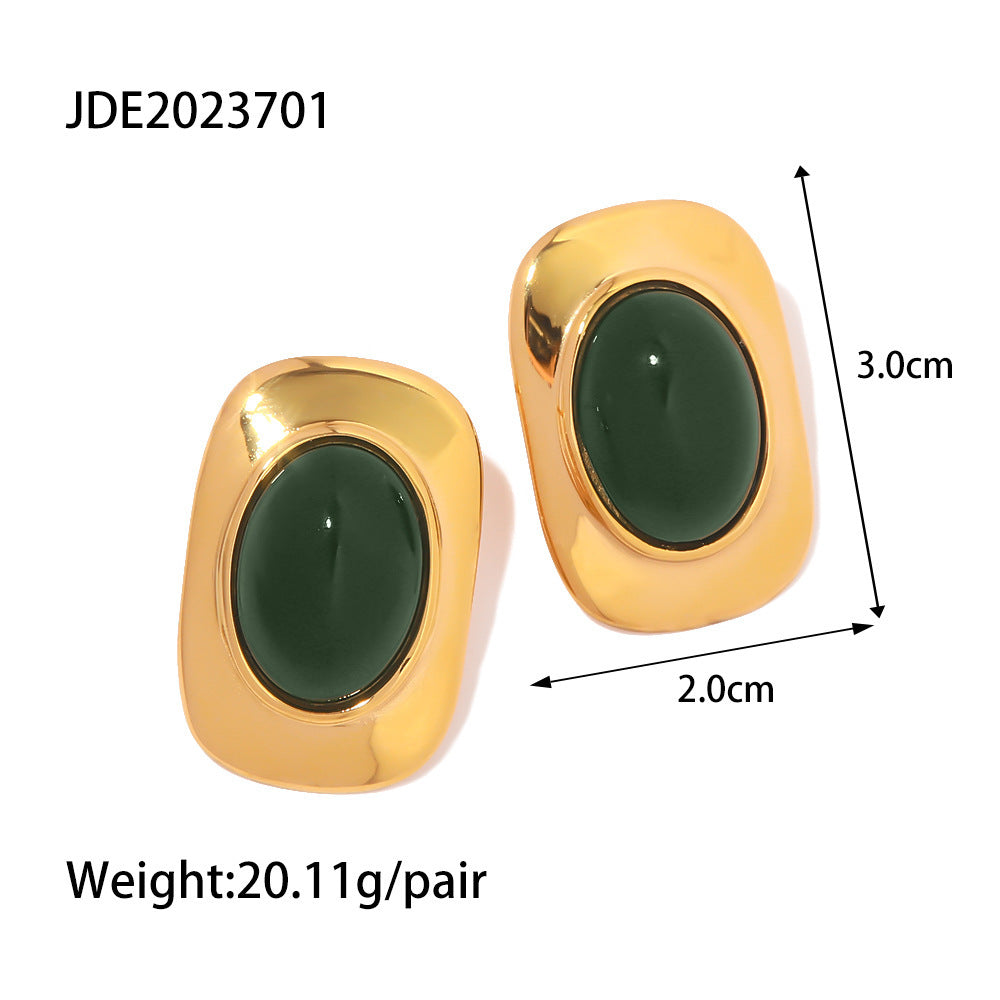 Stainless Steel Studs Ornament Green Agate - Norellé