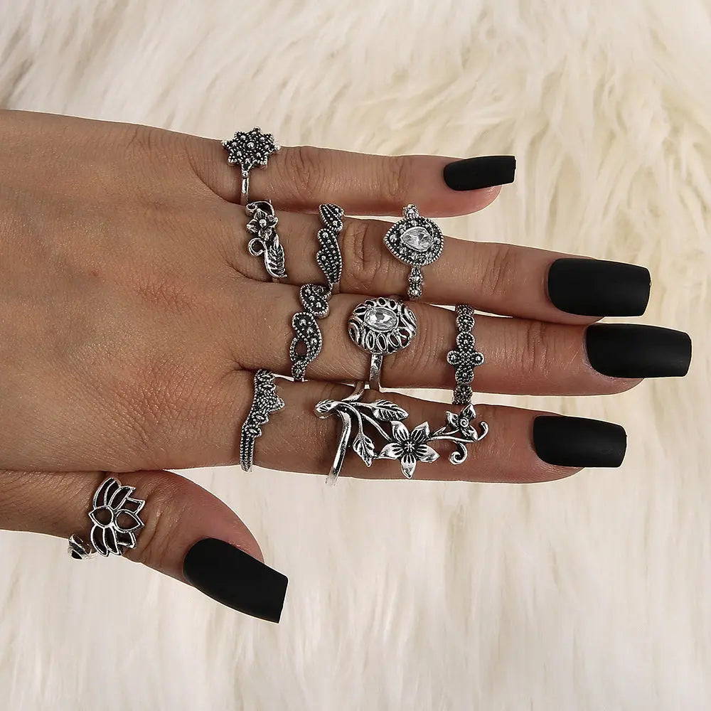 Bohemian Antique Silver Rose Lotus Glass Drill Knuckle Ring - Norellé