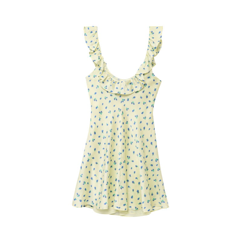 French Retro Silk Satin Texture Printed Round Neck Dress