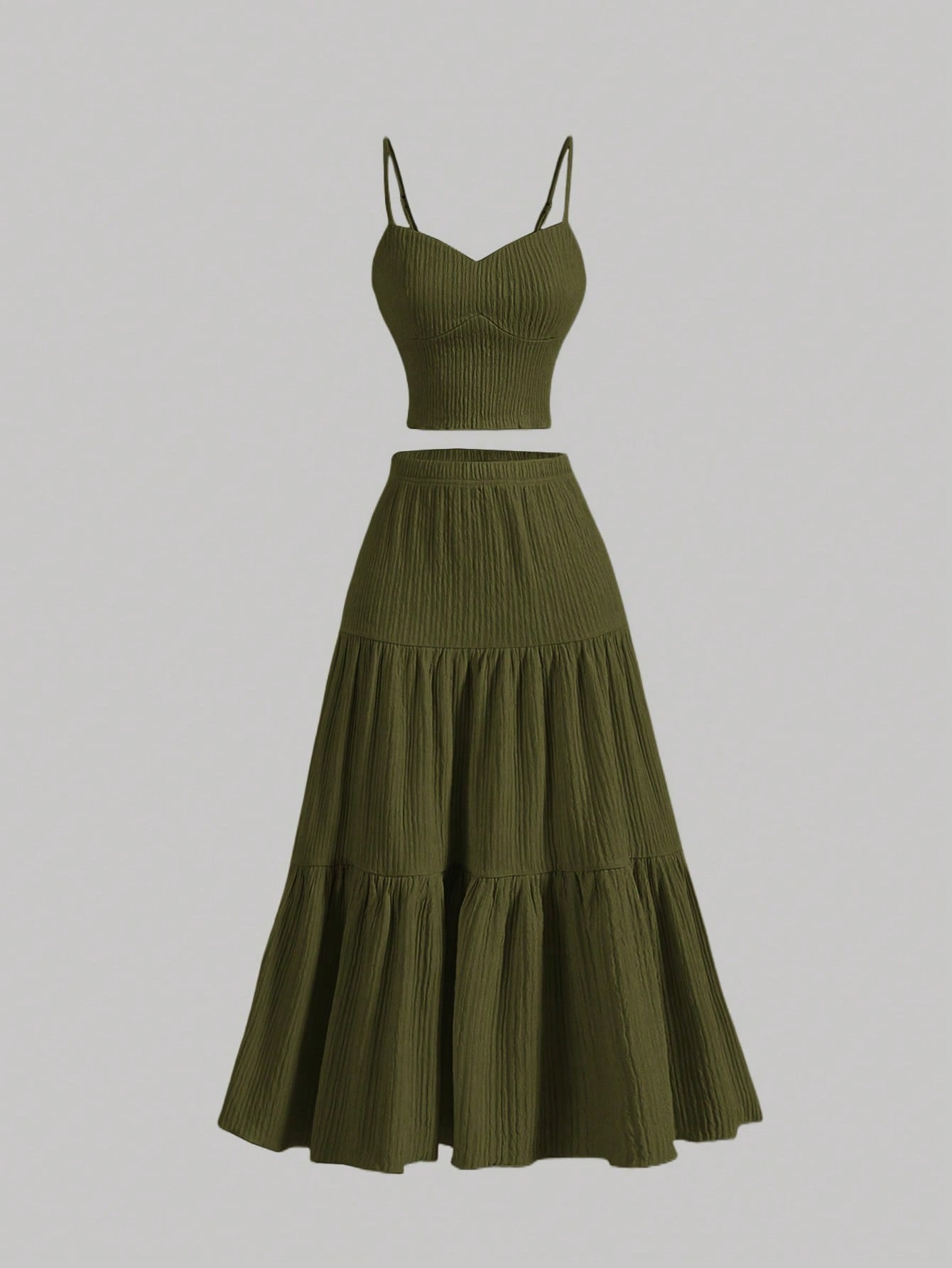 Casual Solid Color Ribbed Fit Vest Top And Ruched Hem A- Line Skirt - Norellé