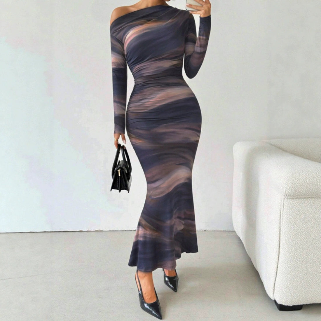 Tie-dyed Crossbody Shoulder Asymmetric Fold Dress - Norellé