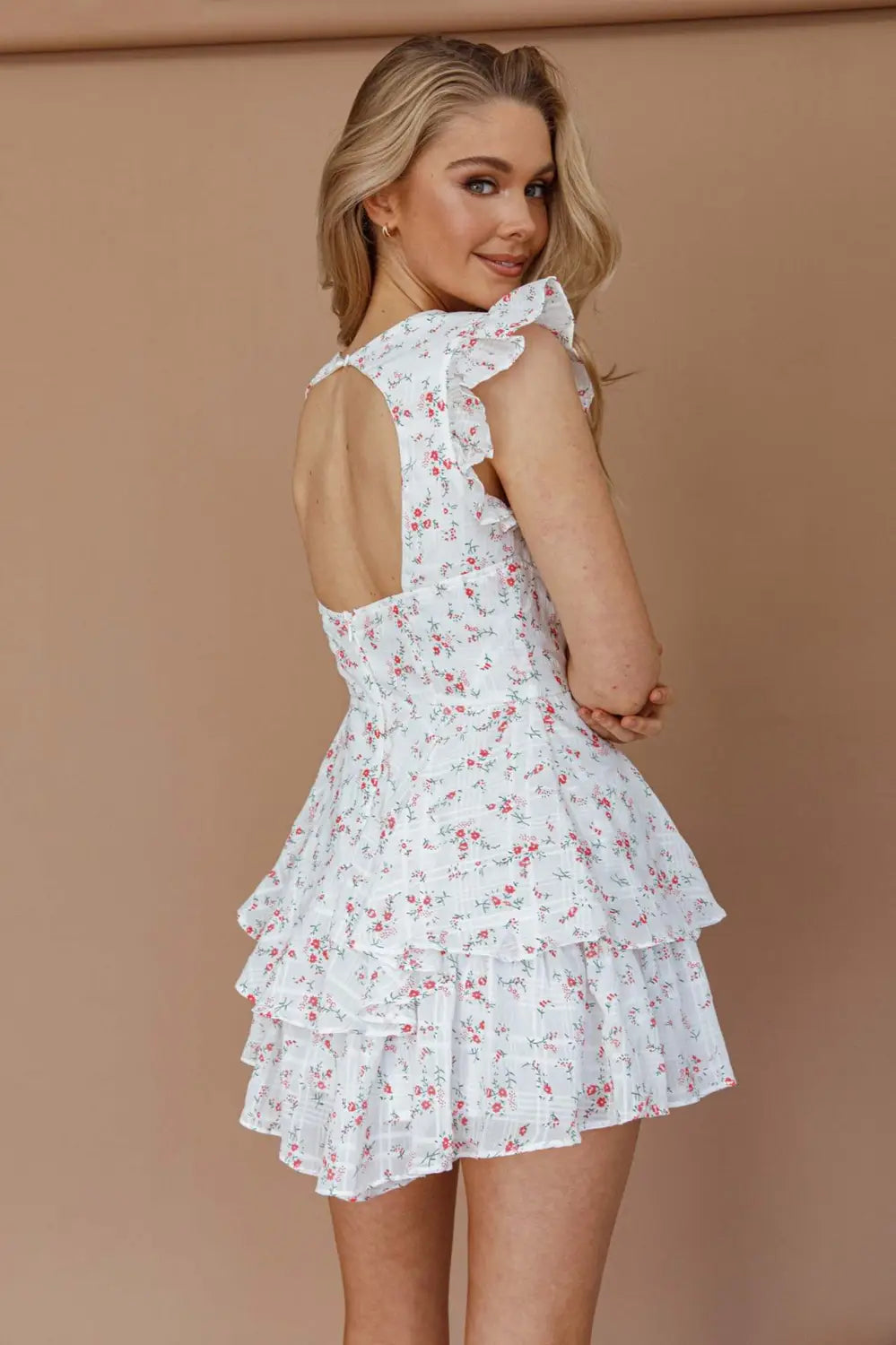 French Sweet Style Lace Stitching Flower Printed V-neck Short Sleeve Dress