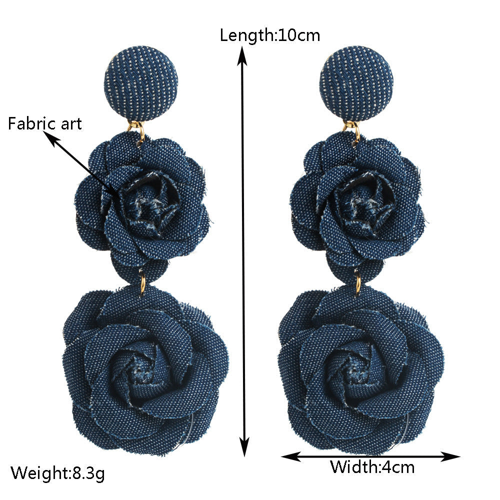 Fall Winter Cowboy Fabric Flower Earrings Multi-layer Long - electronic accessories