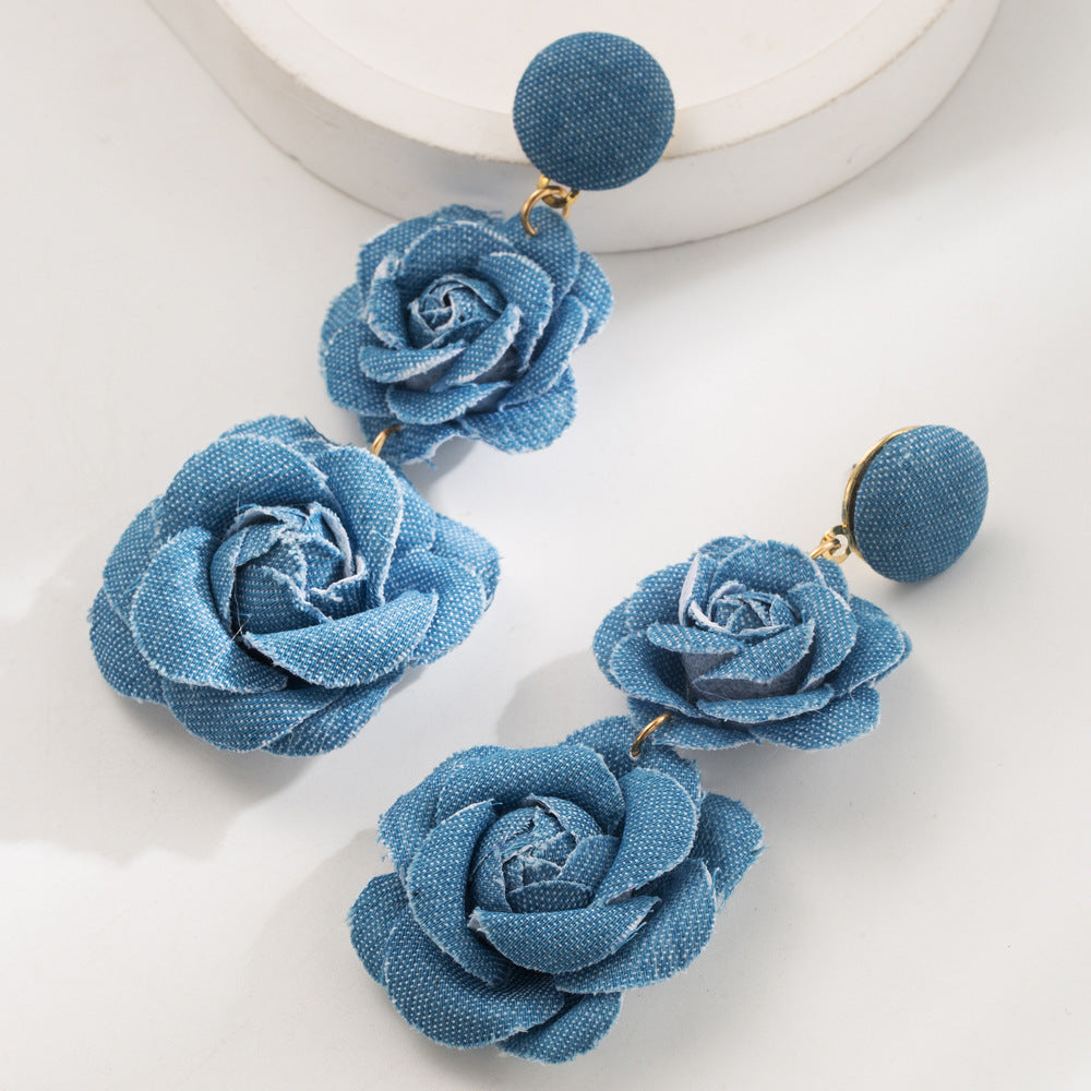 Fall Winter Cowboy Fabric Flower Earrings Multi-layer Long - Light Blue - electronic accessories