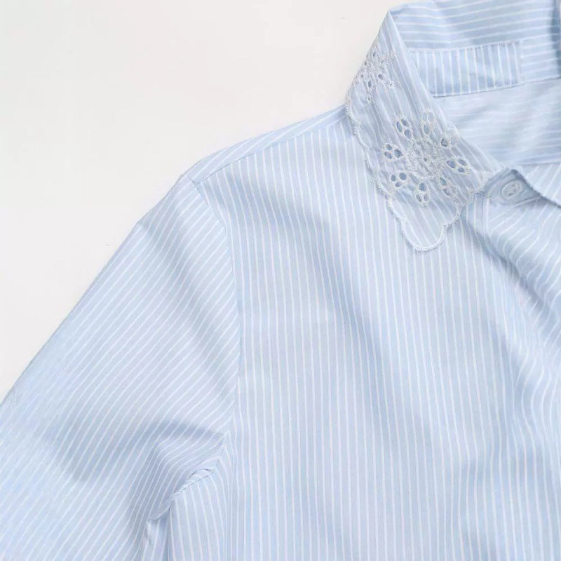 Fashion All-match Hollow Embroidered Stripes Short Shirt - Other