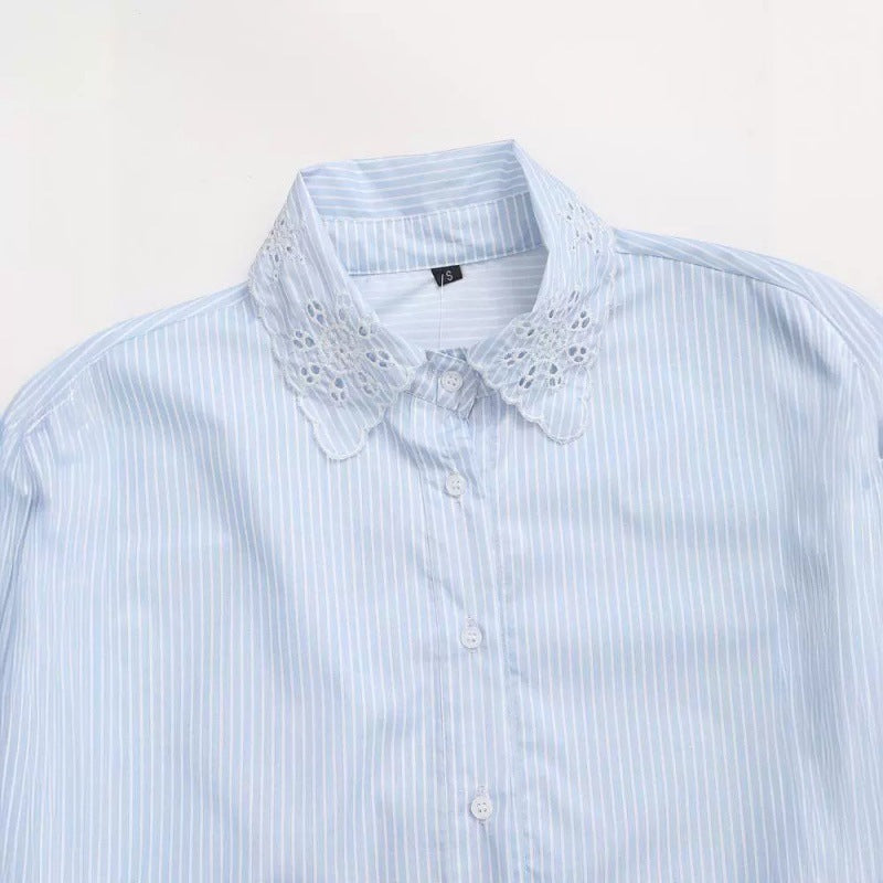 Fashion All-match Hollow Embroidered Stripes Short Shirt - Other