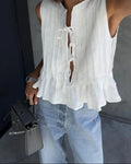 Fashion Bow Lace Up Shirts Women Cotton Linen Hollow Out Sleeveless - Other