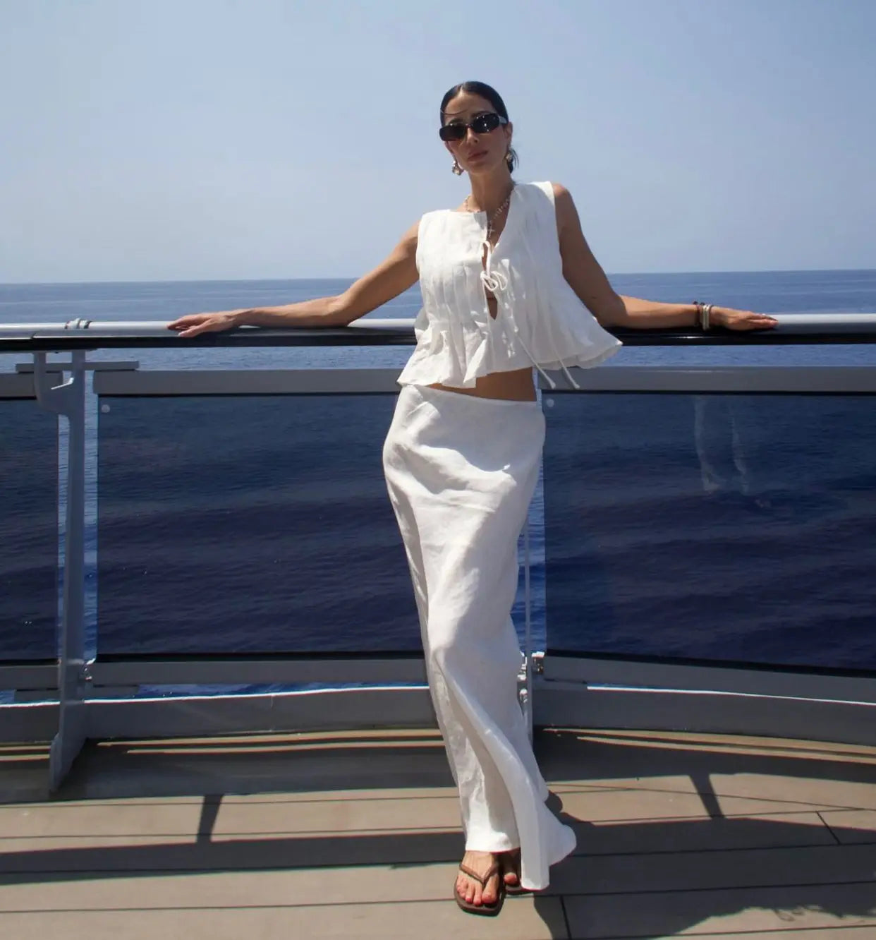 Fashion Bow Lace Up Shirts Women Cotton Linen Hollow Out Sleeveless - Other