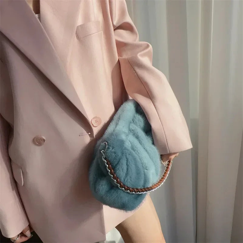 Fashion Faux Mink Fur Ruched Clutch Bag for Women