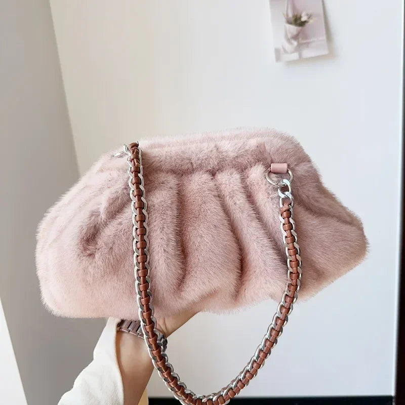 Fashion Faux Mink Fur Ruched Clutch Bag for Women - Pink