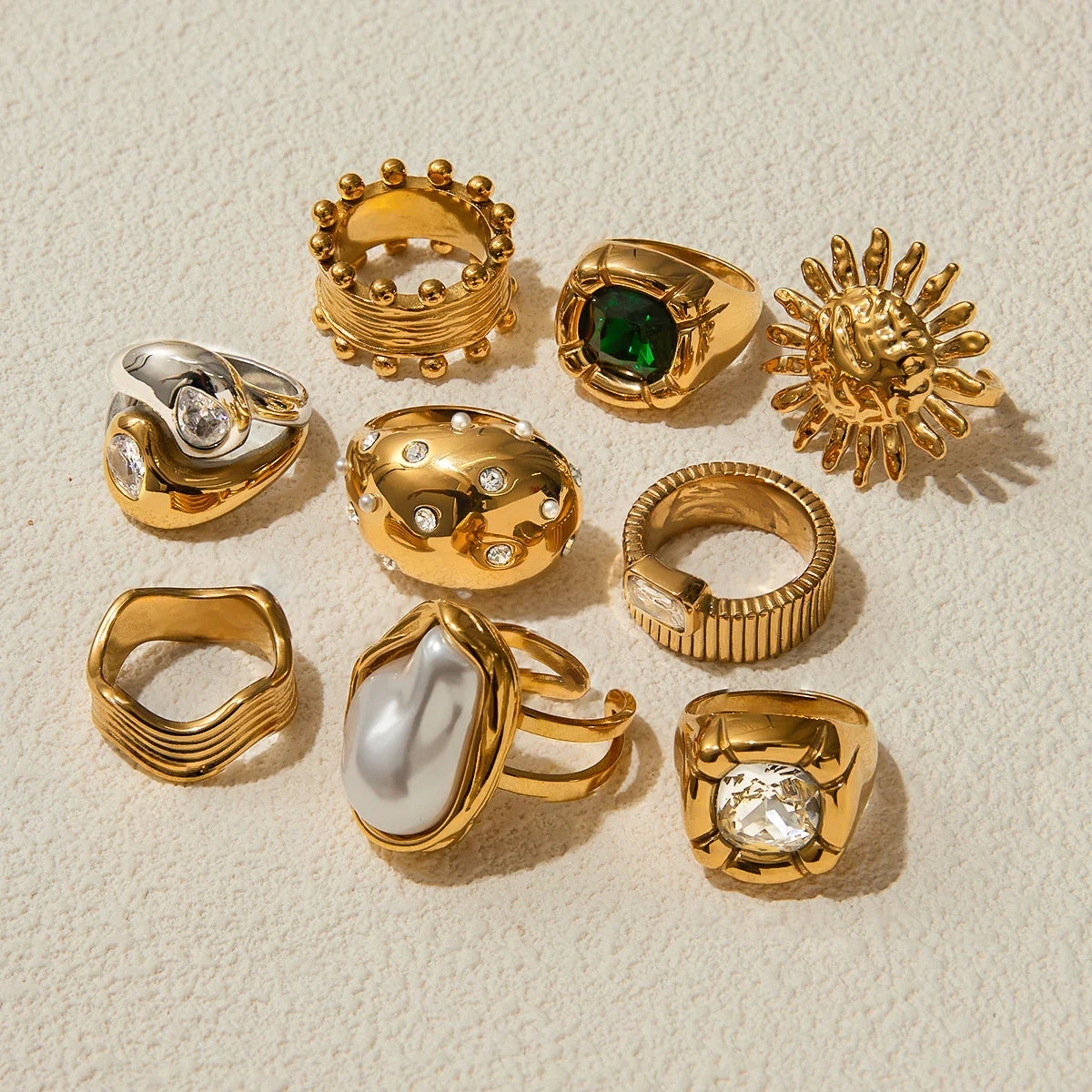 Fashion Gold Color Plated Stainless Steel Sun Pearl Ring