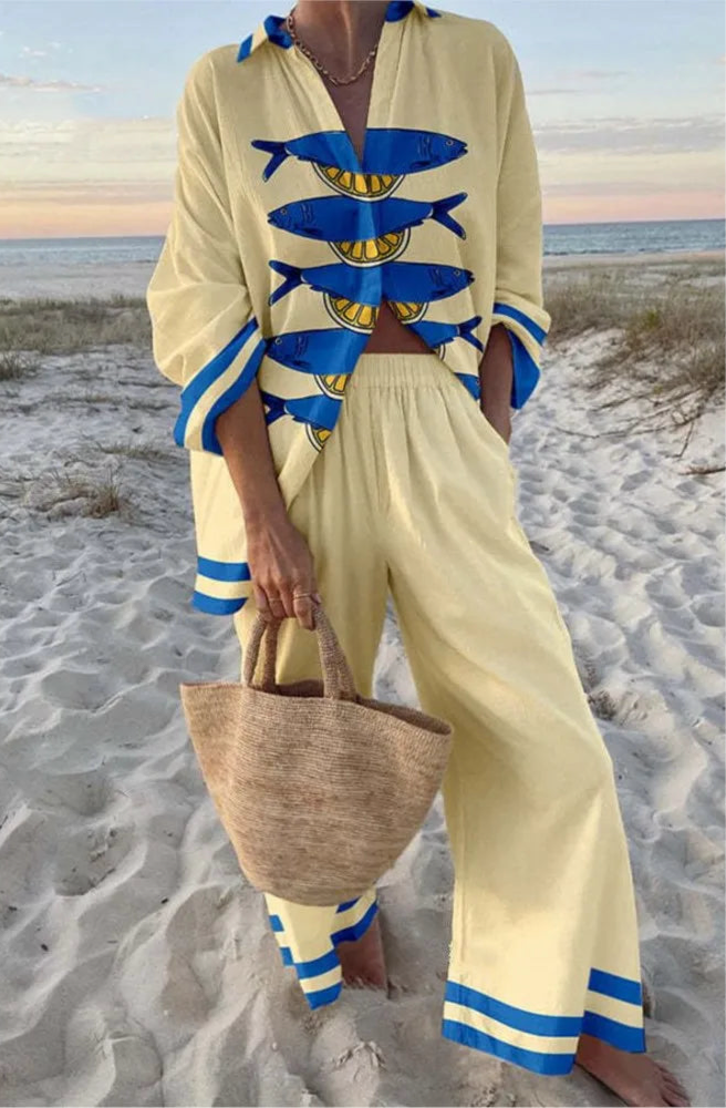 Fashion Holiday Set Lady Casual Print Long Sleeve Shirts Top + High Waist Wide Leg Pants