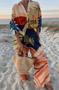 Fashion Holiday Set Lady Casual Print Long Sleeve Shirts Top + High Waist Wide Leg Pants