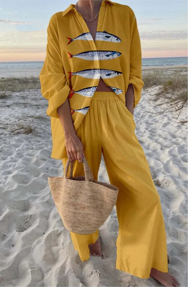 Fashion Holiday Set Lady Casual Print Long Sleeve Shirts Top + High Waist Wide Leg Pants