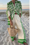 Fashion Holiday Set Lady Casual Print Long Sleeve Shirts Top + High Waist Wide Leg Pants