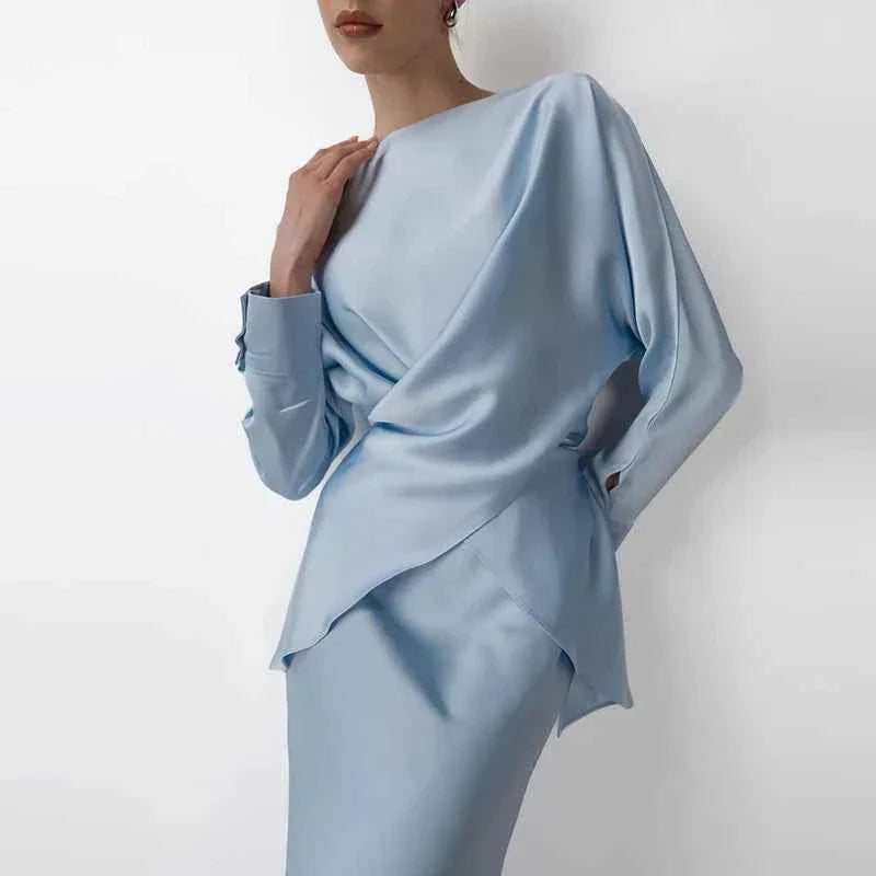 Fashion Long Sleeve Two Piece Casual Temperament Satin Women's Set