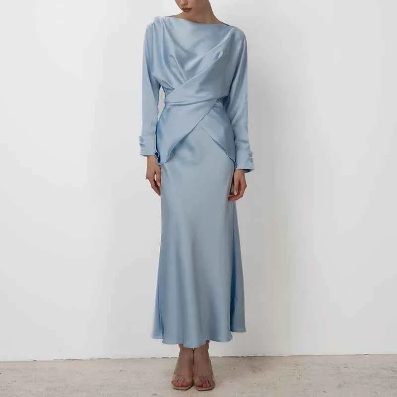 Fashion Long Sleeve Two Piece Casual Temperament Satin Women's Set