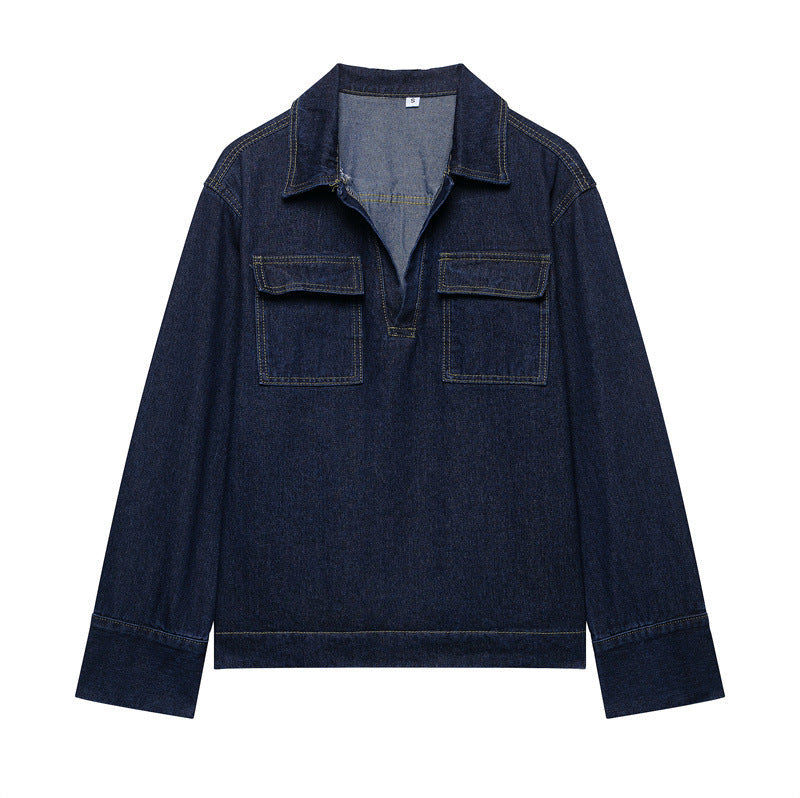 Fashion Loose Blue Denim 2-piece Set Vintage Long Sleeve Shirt Trousers - Other