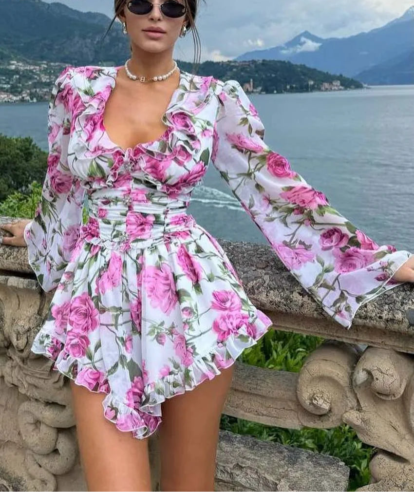 Fashion White Print Women’s Dress Elegant V-Neck Ruffled Long Sleeve