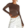 Fashion Women T-shirt Long Sleeve Crew Neck Solid Slim Fit Ladies Crop - S / Brown - Other