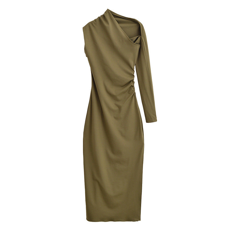 Fashionable Asymmetric Pleated Decoration Length Dress - Green / L - Other