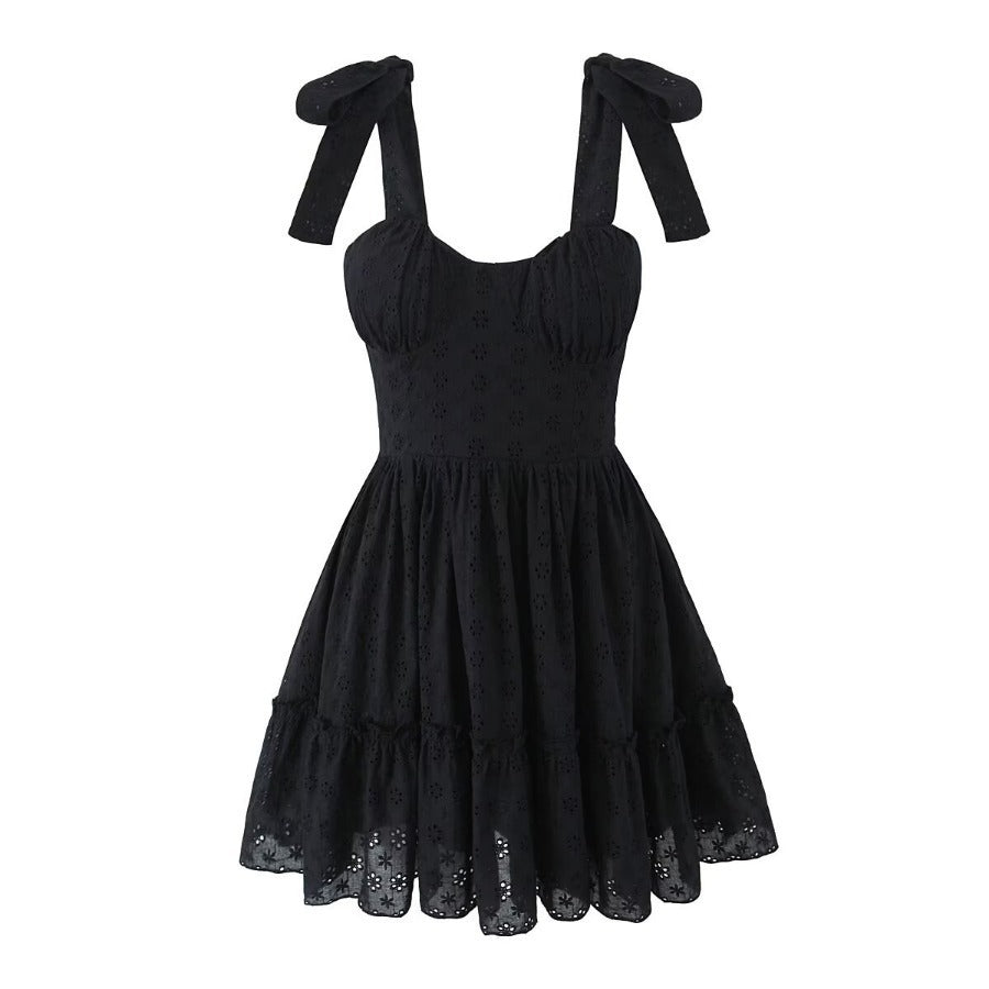 Sweet Cutout Embroidery Chic Lace Up Short Dress French Style V-neck - Norellé