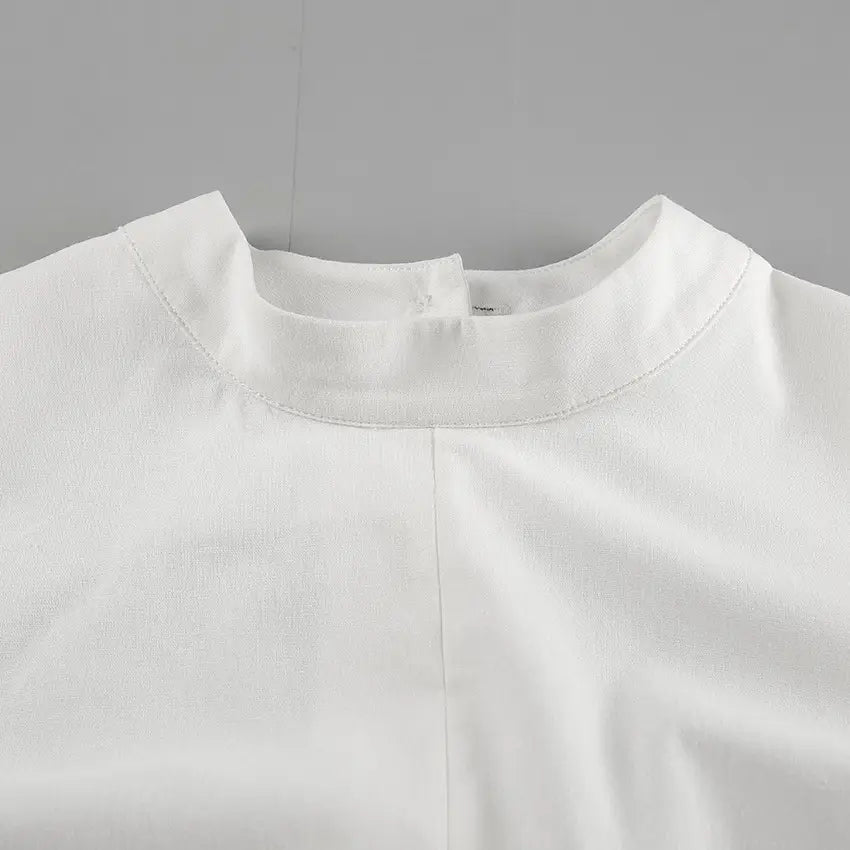 White Cotton Linen Sleeveless Stand Collar Top Slit Loose Long Skirt Two-piece Set