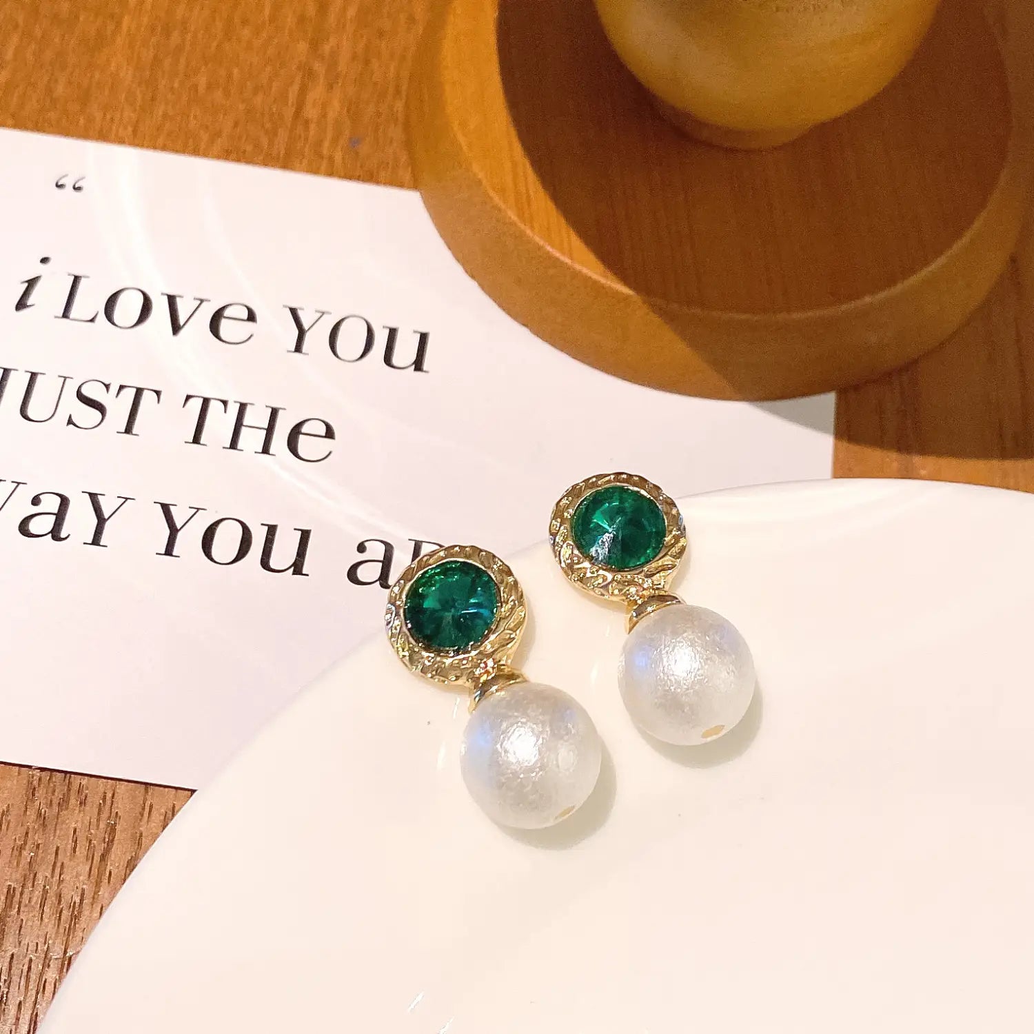 Emerald Rhinestone Pearl Stud Earrings For Women