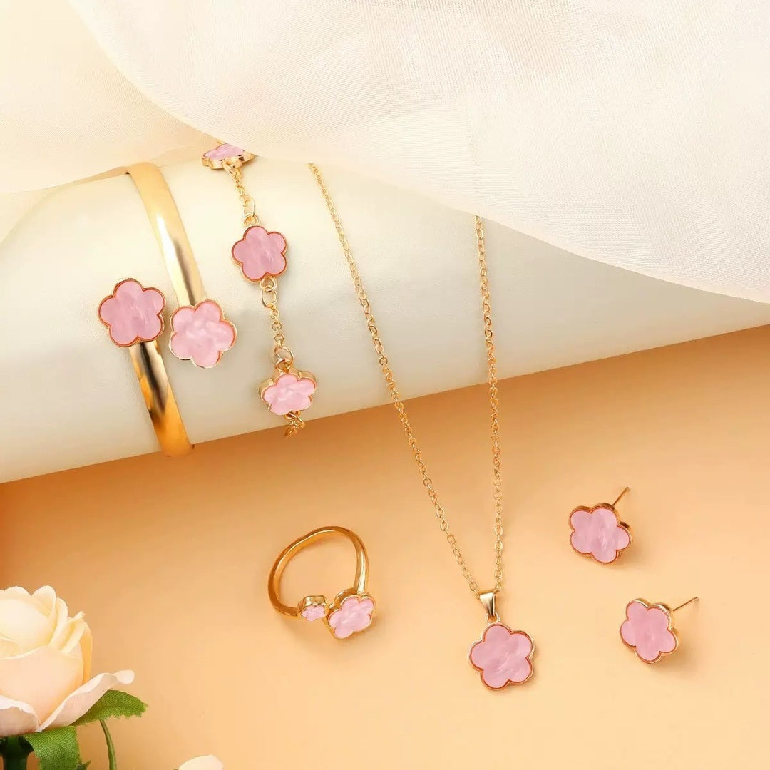 Five Petal Flower 5-piece Necklace Brace Lace Bracelet Stud Earrings Ring - Pink / 18K - electronic accessories