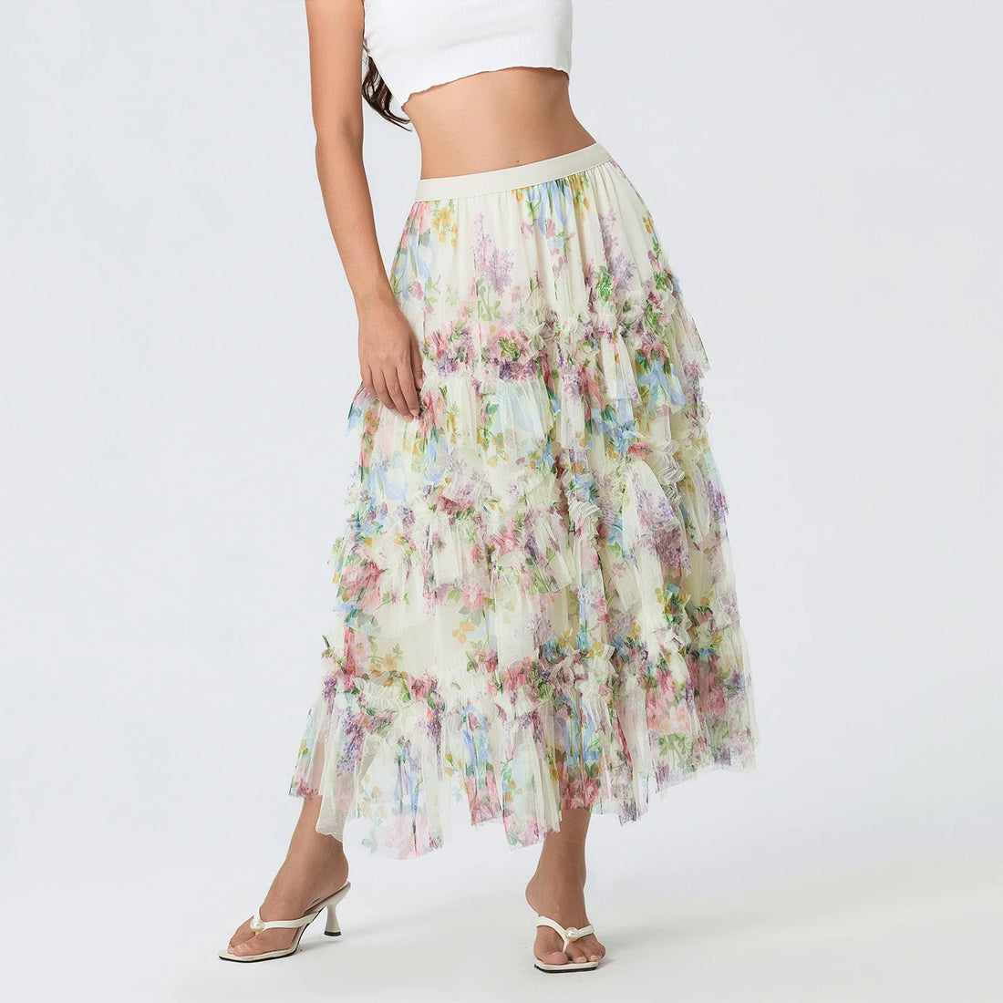 Floral Print Ruffle Mesh Skirt Women
