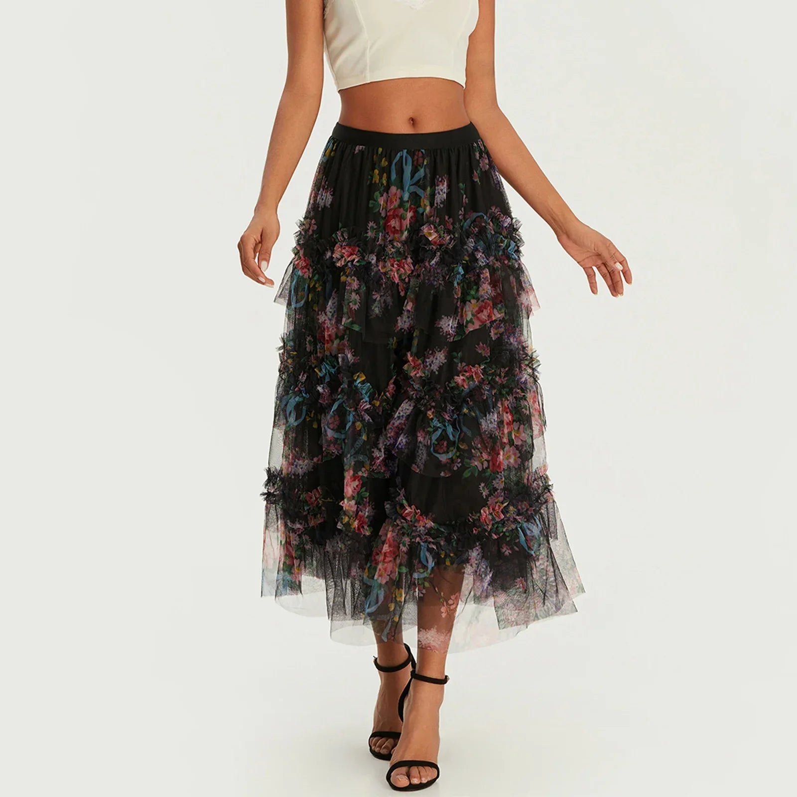 Floral Print Ruffle Mesh Skirt Women