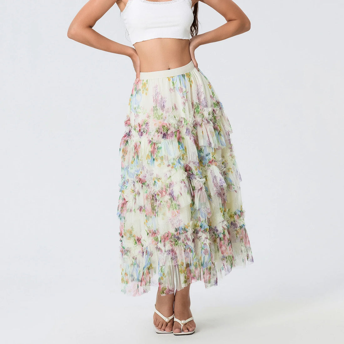 Floral Print Ruffle Mesh Skirt Women