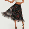 Floral Print Ruffle Mesh Skirt Women
