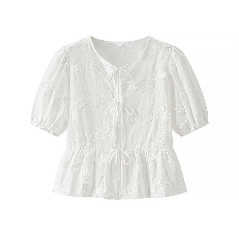 Flower Embroidered Cotton Short-Sleeved Shorts Two-piece Suit - Other