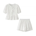 Flower Embroidered Cotton Short-Sleeved Shorts Two-piece Suit - Other