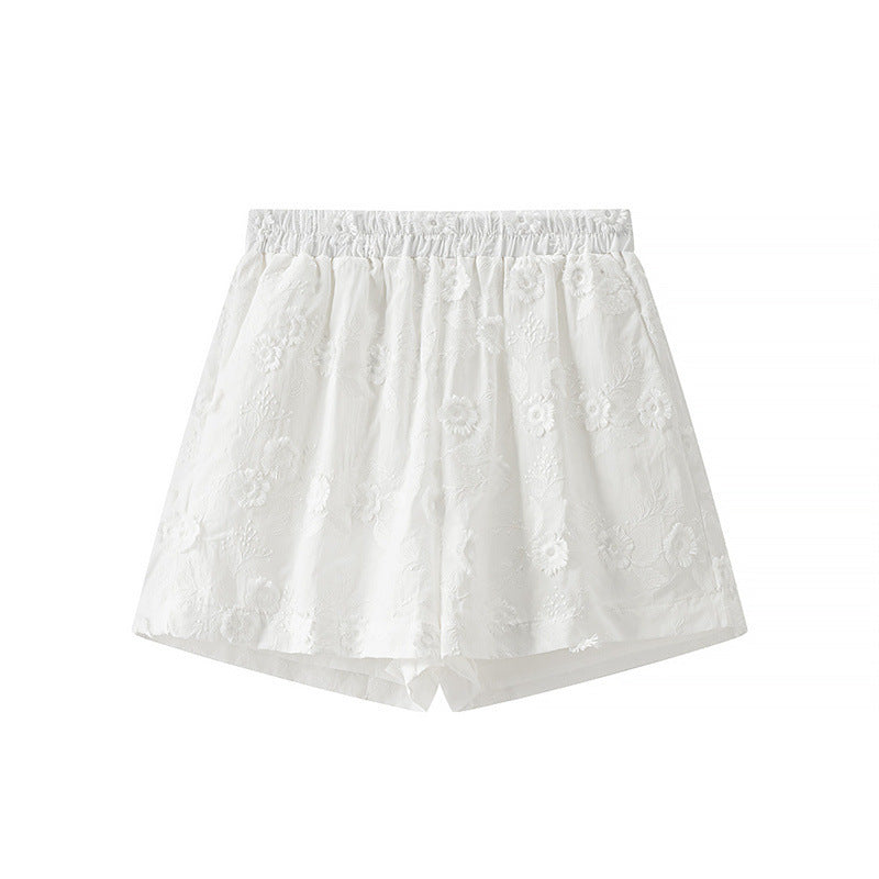 Flower Embroidered Cotton Short-Sleeved Shorts Two-piece Suit - Other