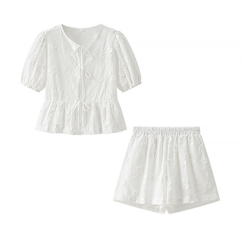 Flower Embroidered Cotton Short-Sleeved Shorts Two-piece Suit - Other
