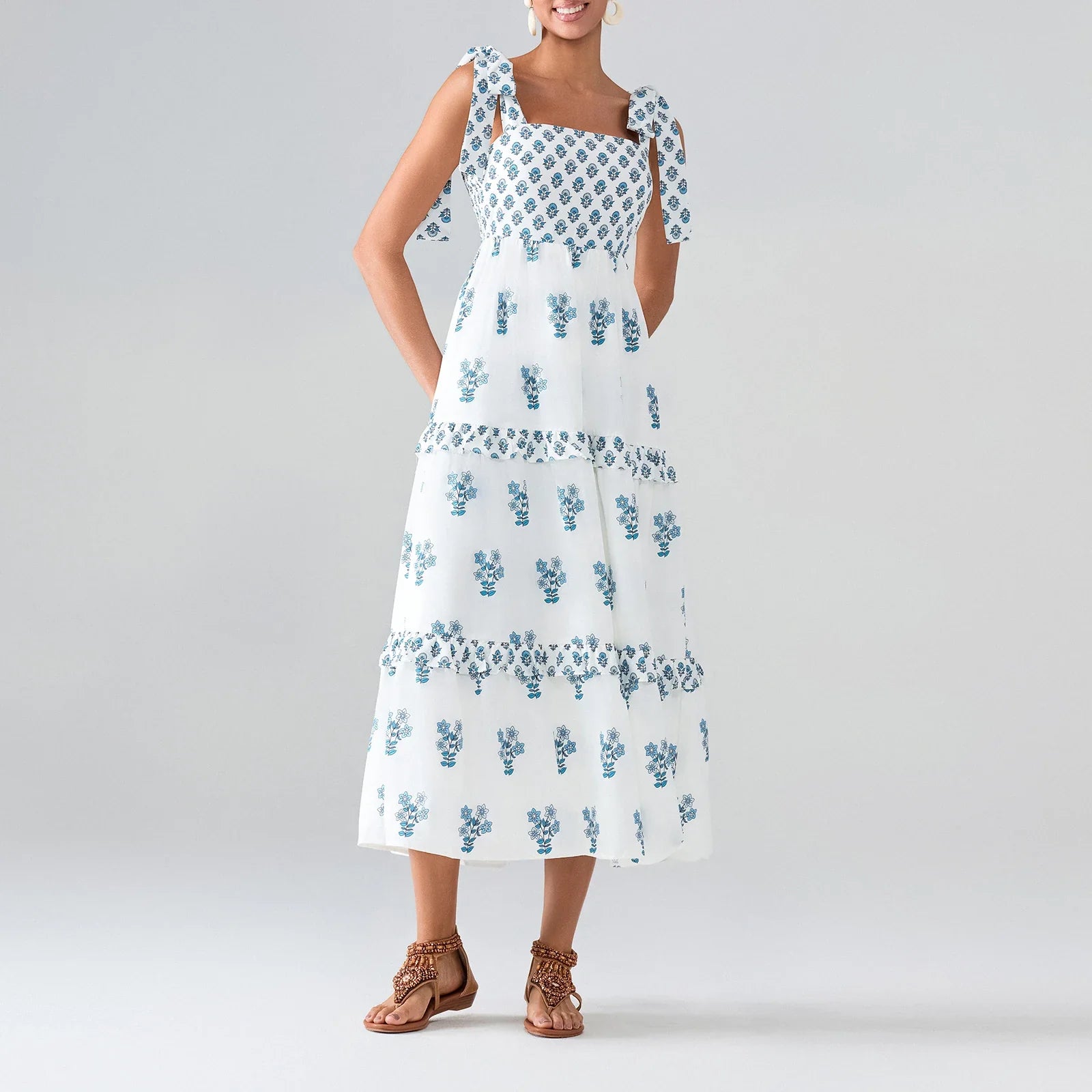 Flower Print Tie Strap Swing Dress Women A-Line Square Neck