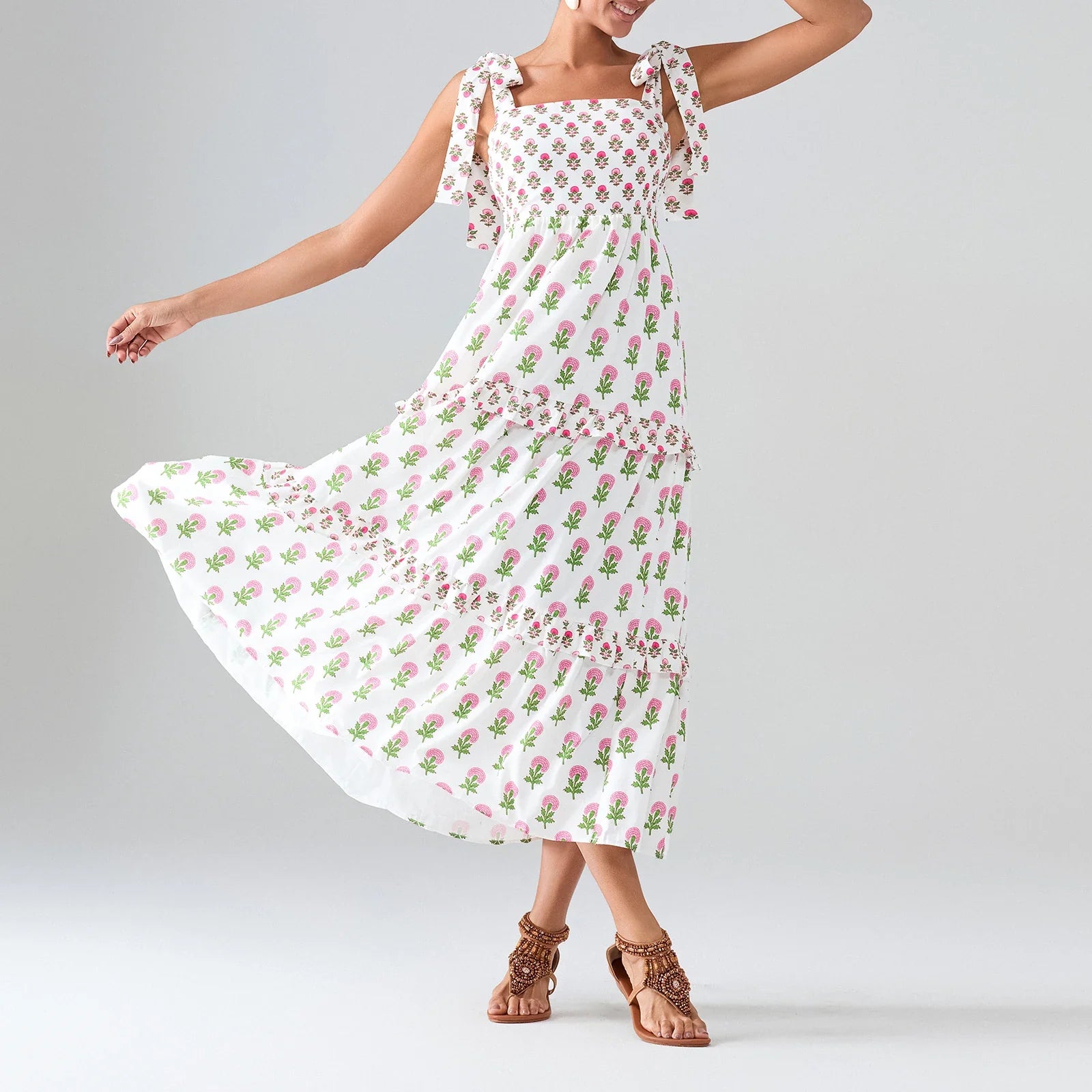 Flower Print Tie Strap Swing Dress Women A-Line Square Neck