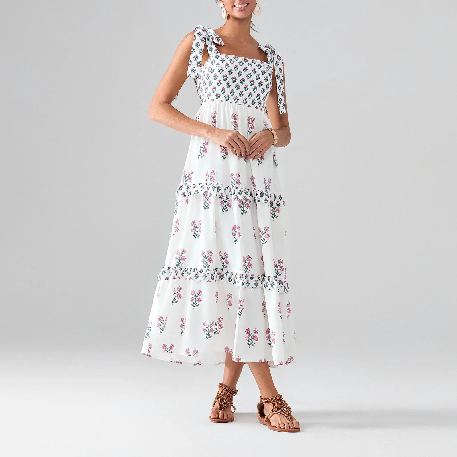 Flower Print Tie Strap Swing Dress Women A-Line Square Neck