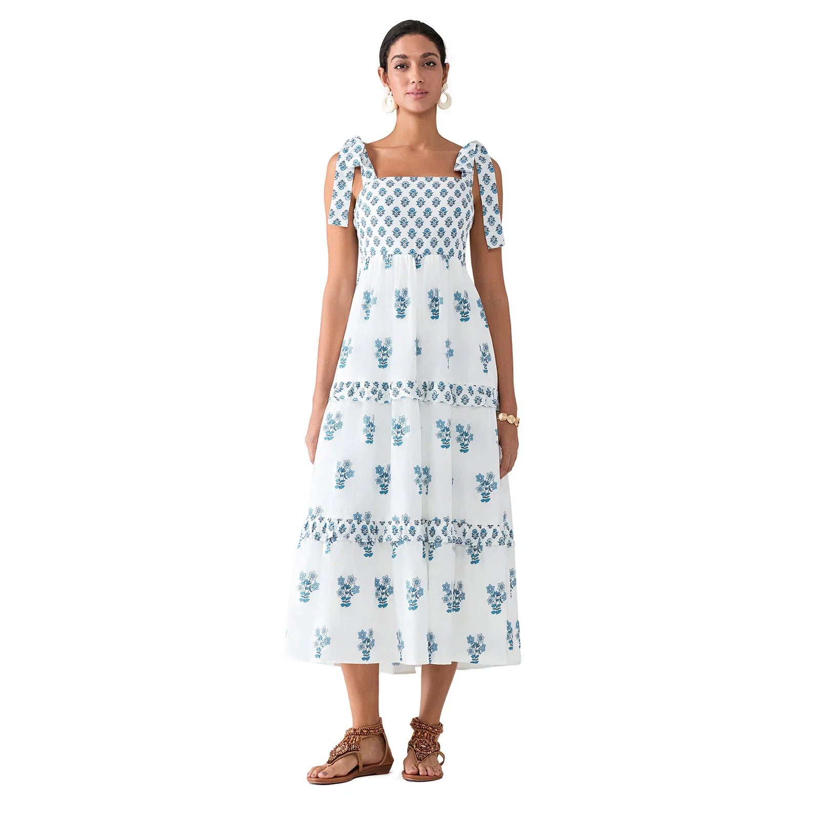 Flower Print Tie Strap Swing Dress Women A-Line Square Neck - Blue / M