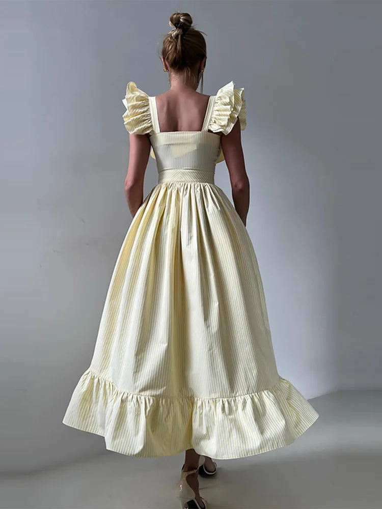 Flying Sleeve Ruffle Striped Slip Long Dress Women