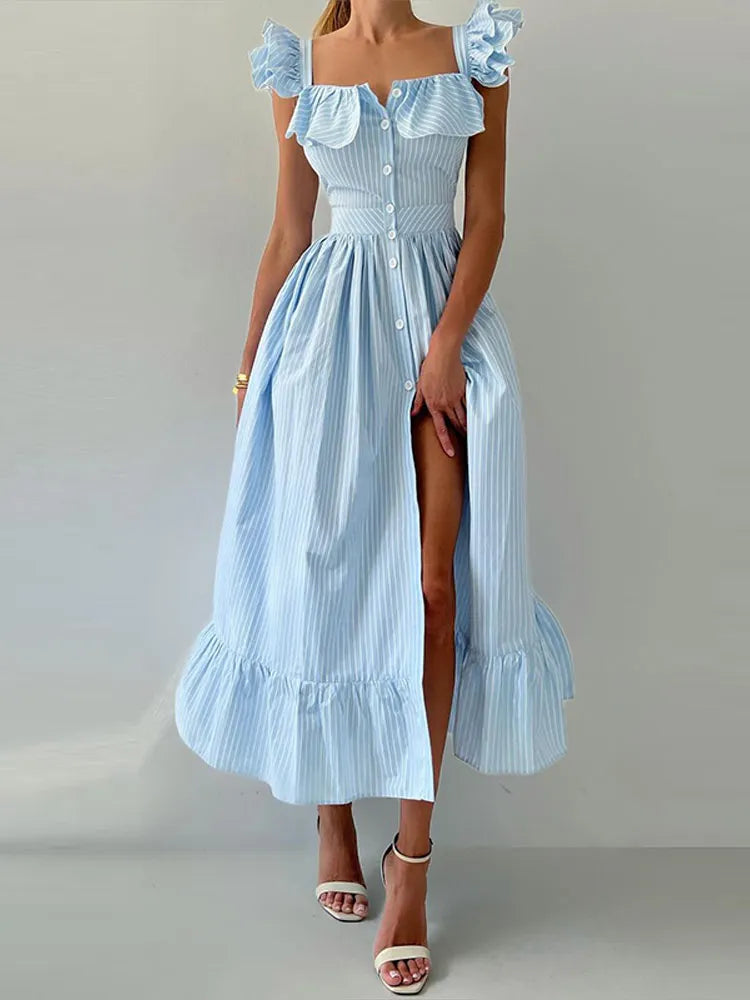 Flying Sleeve Ruffle Striped Slip Long Dress Women